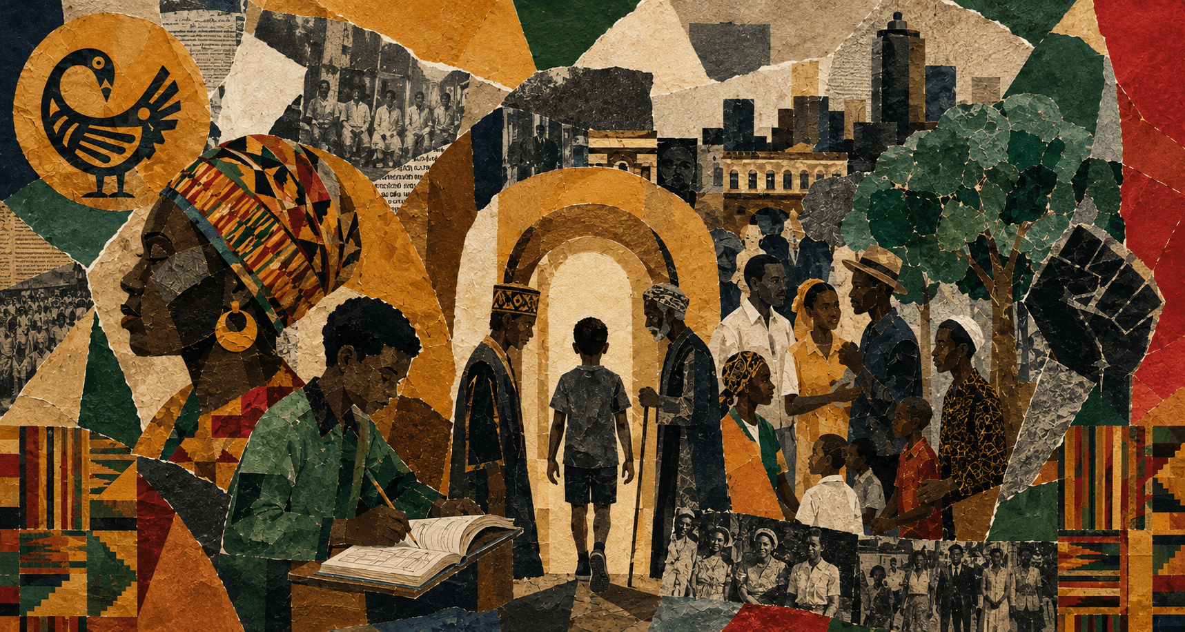 Paper-collage illustration of a young boy walking through an archway toward community elders and gathered family
