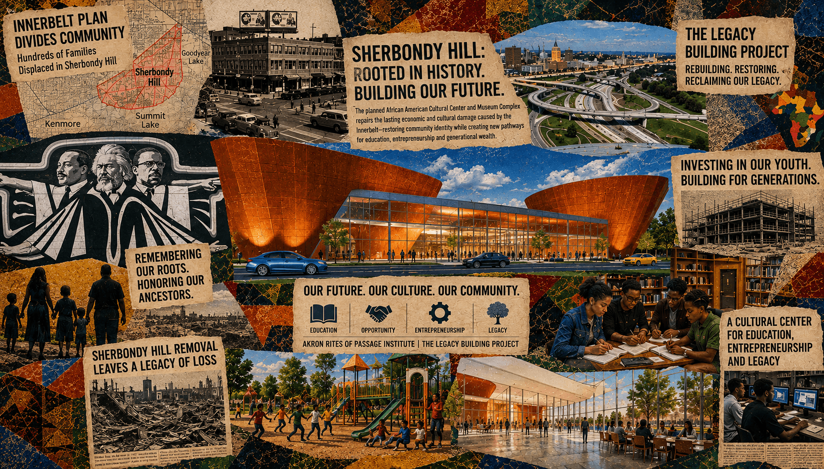 Paper-collage mural of the AROPI Legacy Building Project: Sherbondy Hill history, the Innerbelt's impact on the community, and architectural renderings of the planned African American cultural center and museum complex