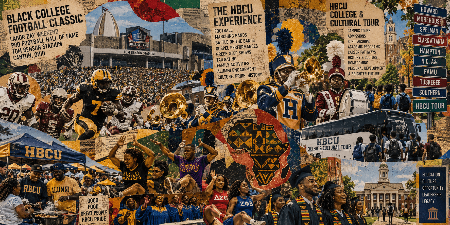 Paper-collage mural of the AROPI HBCU Experience: Black College Football Classic at Tom Benson Stadium, marching band, campus tours of Howard, Morehouse, Spelman, Clark Atlanta, Hampton, N.C. A&T, FAMU, Tuskegee, and Southern, HBCU graduates, and Greek step show