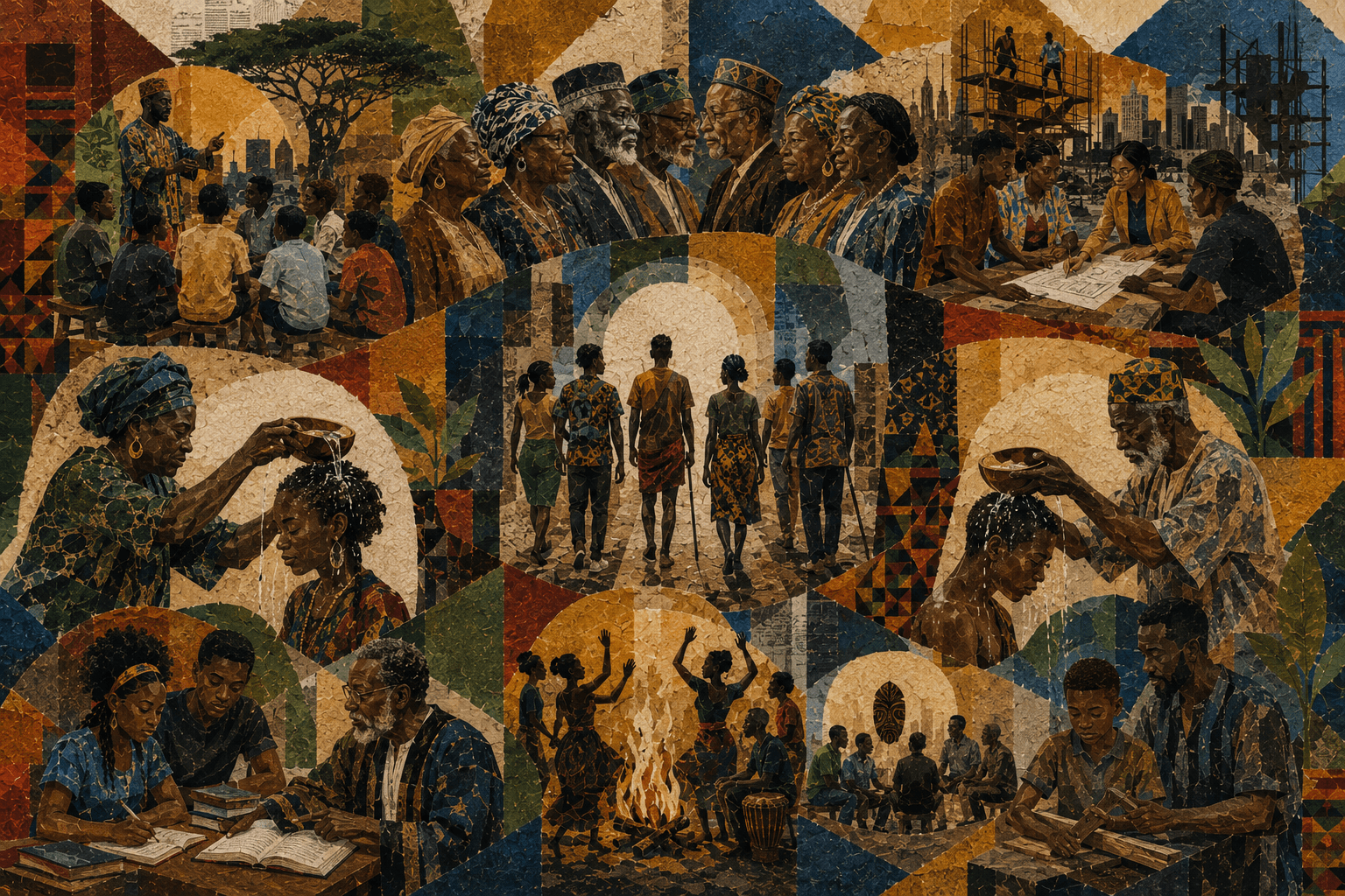 Paper-collage illustration of the Rites of Passage journey: elder teaching, procession, ritual washing, and reunion